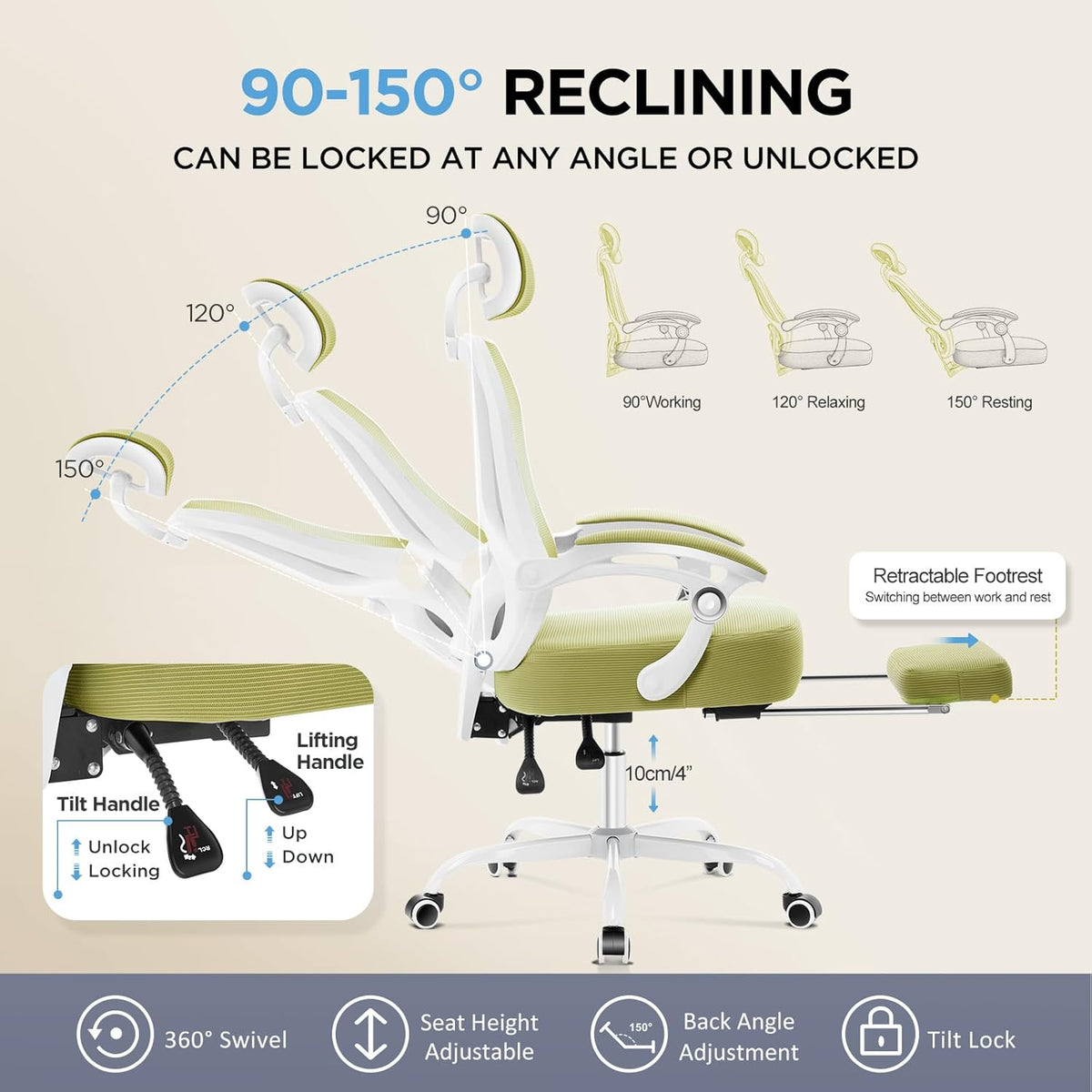 Ergonomic Office Chair with Footrest,Ultra Thick Reclining Office Desk Chair with Adjustable 2D Lumbar Support and Headrest,Spring Cushion,High Back Premium Mesh Computer Chair Office Chairs,Green