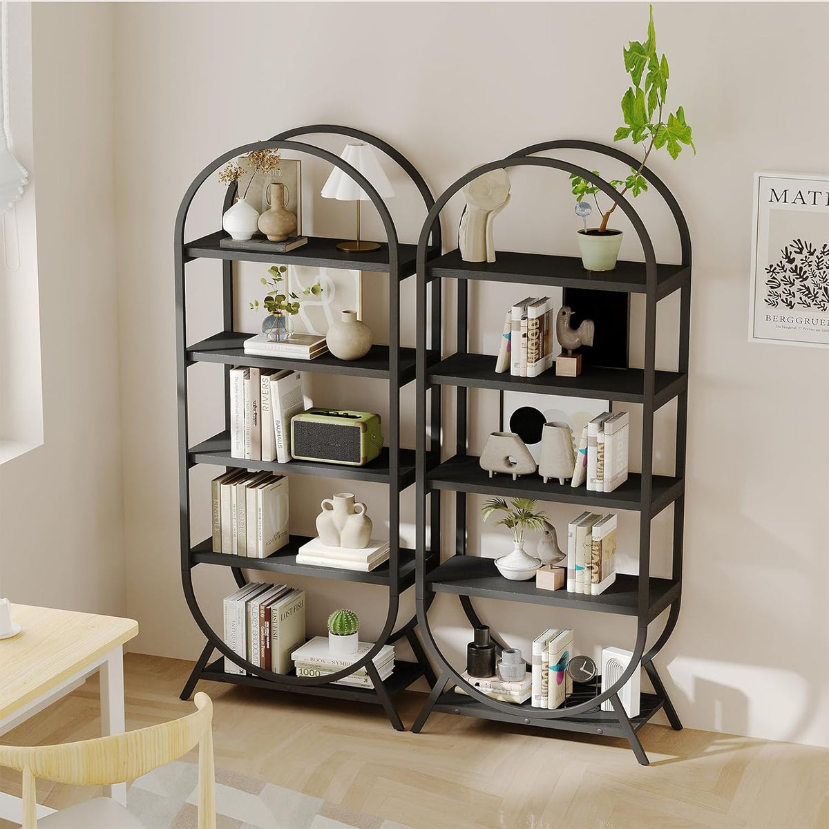 Bookshelf Arched Bookcase Set 2, 5 Tier Open Freestanding Display Shelf for Home Office, Living Room, Black
