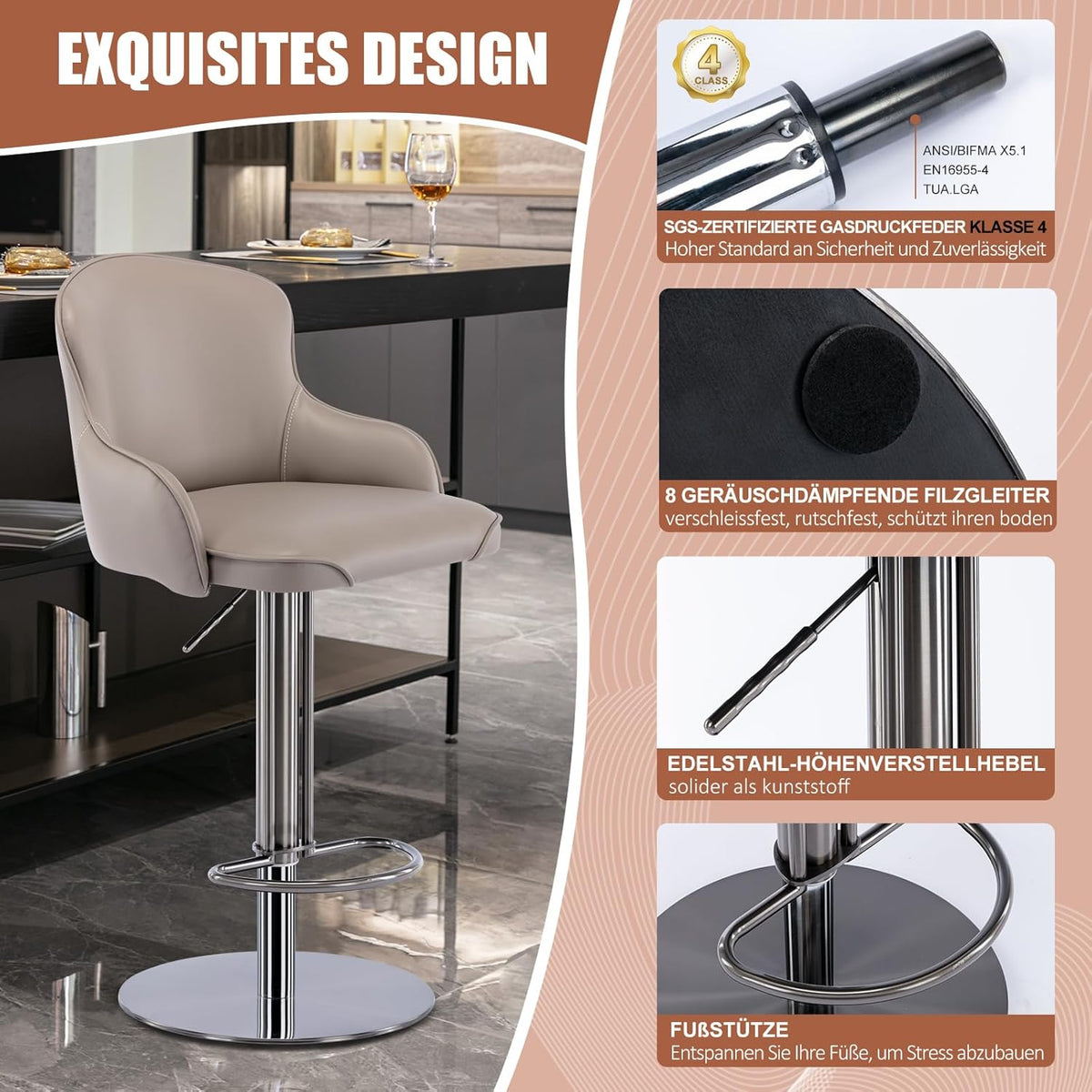 Black Titanium Stainless Steel Bar Stools,Grade Modern Leather Bar Chair with Backrest,Swivel Adjustable Height for Kitchen Counter and Dining Room (Grey leather-1pc)