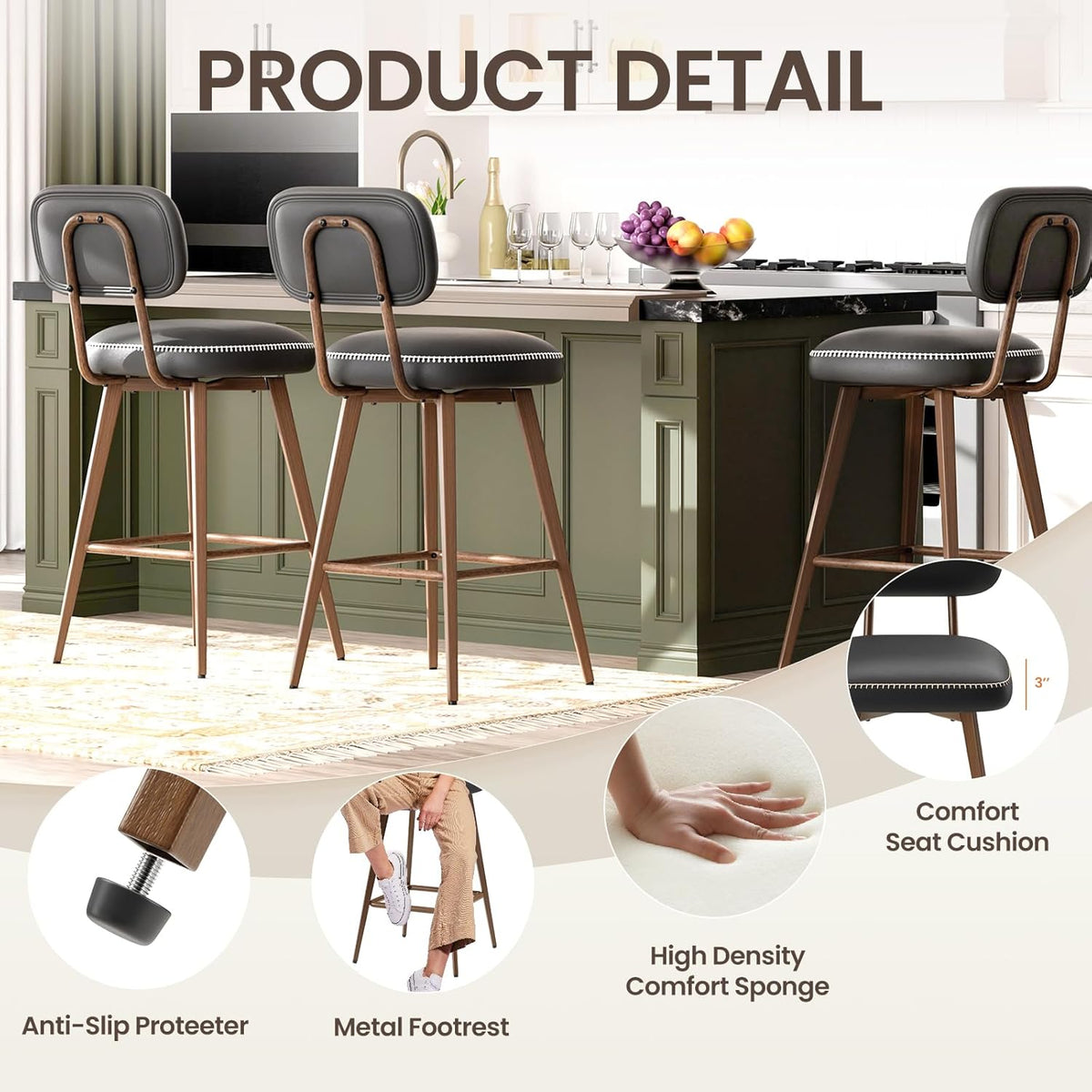 Swivel Bar Stools Set of 4, Mid Century PU Leather Counter Height Bar Chairs with Low Back and Metal Legs, Modern Bar Stool Chair for Kitchen Island, Black