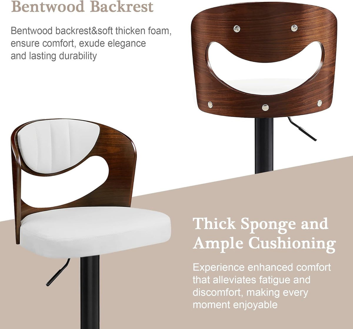 VECELO BarStools Set of 4,Kitchen Island Stools with Bentwood Back,Arm&Footrest,Counter Height Bar Chairs PU Leather Cushion Seat Adjustable Height 360°Swivel,Island Chairs for Club Pub,Creamy White
