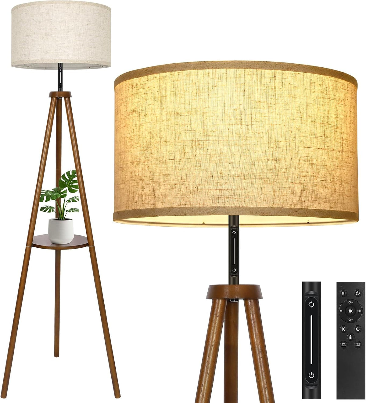 OUTON Wood Tripod Floor Lamp with Shelves, Mid Century LED Modern Dimmable Floor Lamp with Remote & Touch Control, Sturdy Tall Standing Lamp for Living Room, Bedroom, Office, Walnut
