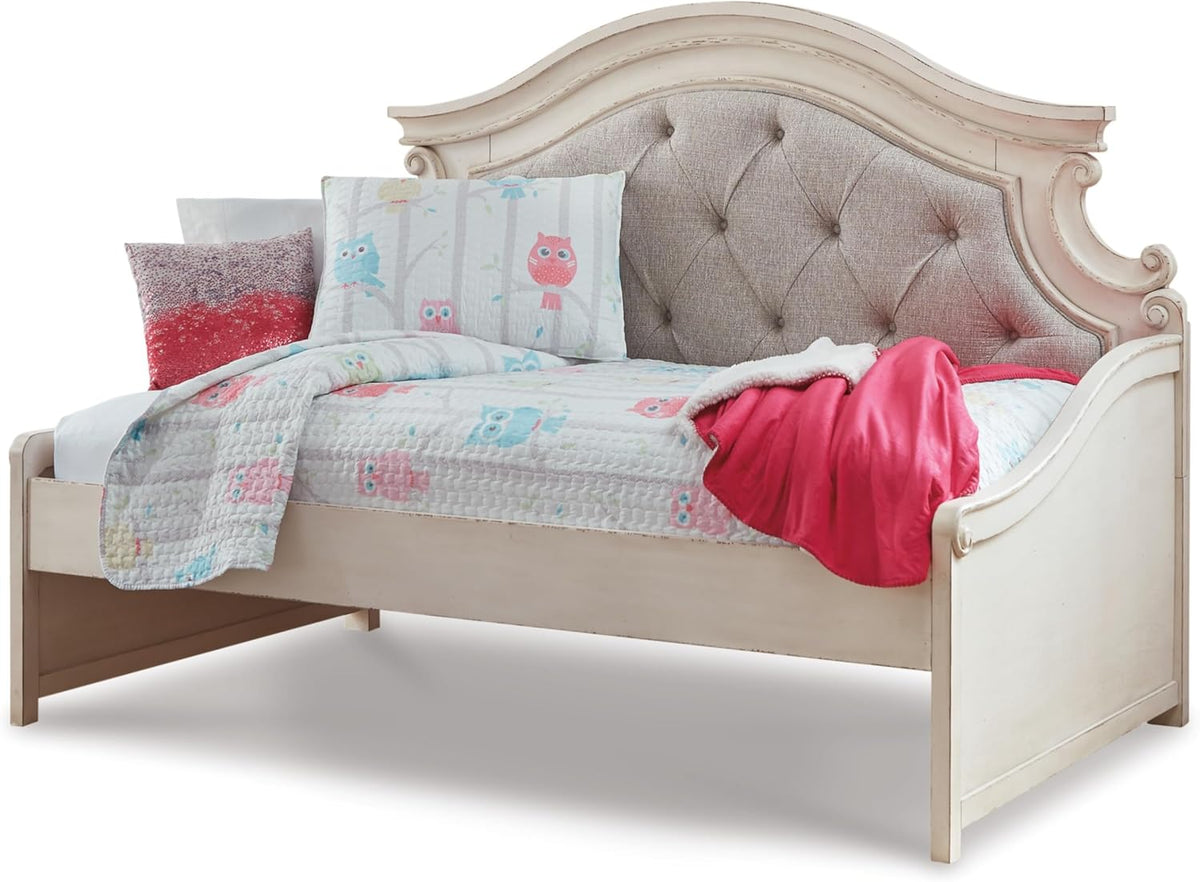 Signature Design by Ashley Realyn Traditional Upholstered Tufted Twin Platform Daybed with 1 Large Drawer, Foundation or Box Spring Not Needed, White & Beige