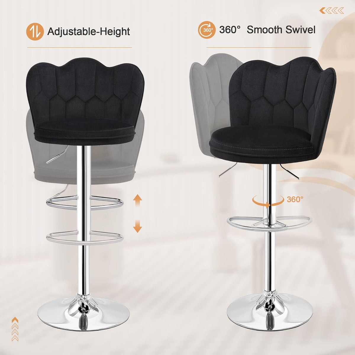 VECELO Bar Stools Set of 2, Adjustable Barstools with Back, Velvet Armless Counter Height Stool Kitchen Island Stool Swivel Bar Chairs for Pub Dining Room Living Room, Black