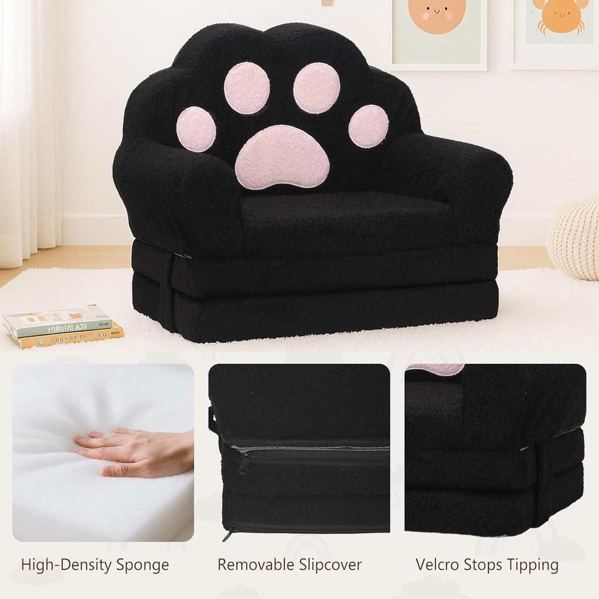 MONKISS Cat Paw Kids Couch, Toddler Chairs Comfy, Toddler Couch Bed Fold Out, Baby Lounge Chair, Birthday Gift for Girls, 1-4 Years Old, SF06, Black