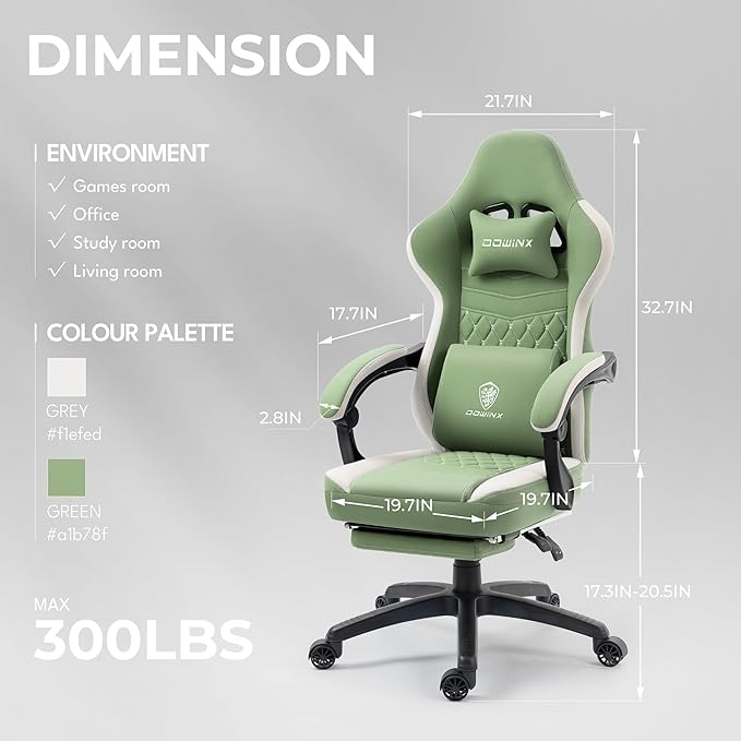 Dowinx Gaming Chair Breathable Fabric Game Chair with Gel Pad, Comfortable Gamer Chair with Pocket Spring Cushion, Ergonomic Computer Chair with Footrest and Storage Bag, Green