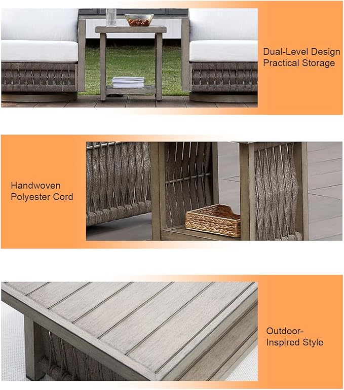 Outdoor Side Table, Aluminum Square Patio Side Table, 2-Tier Rope Weave Outdoor End Table with Adjustable Legs, Outside Furniture Patio Table for Garden, Pool, Balcony, Decks, Gray Oak