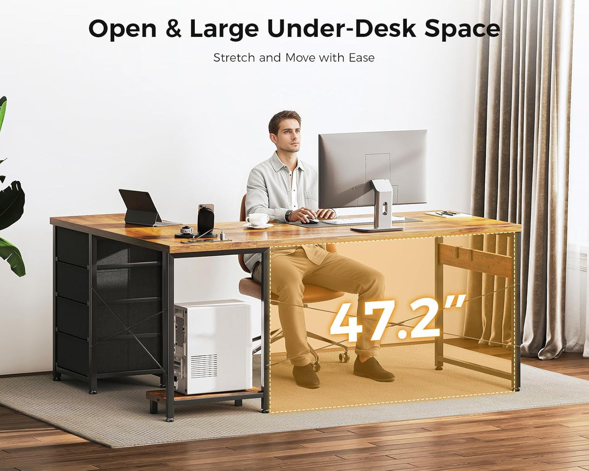 AODK L Shaped Desk with 4 Tier Drawers, 61" Reversible Gaming Desk with Power Outlets, L Shaped Computer Table with USB Charging Port and Host Stand, Home Office Table, Easy to Assemble, Vintage