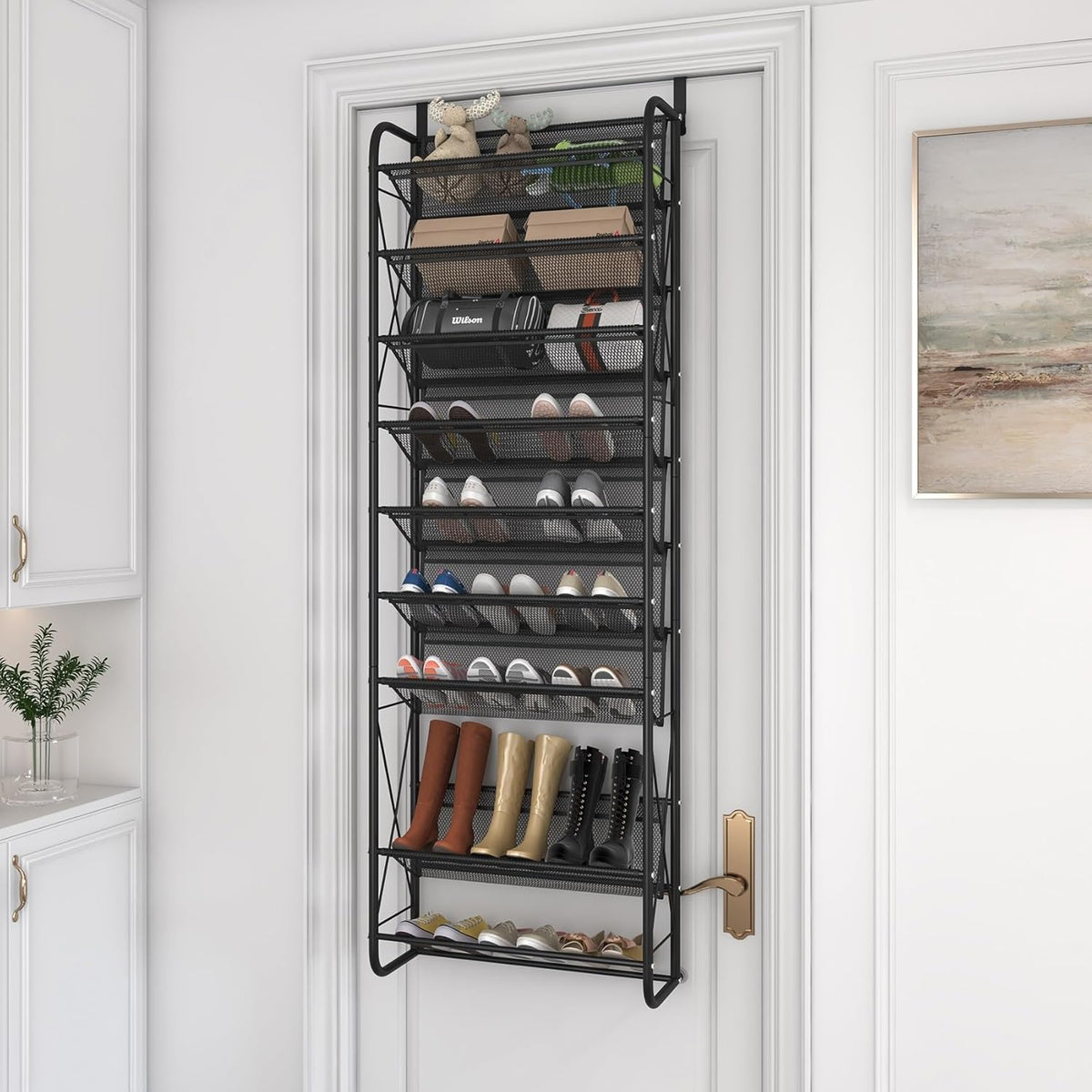 JSB 10 Tier Shoe rack Mesh fabric Over The Door Shoe Organizer X-structure Trouser hangers Closet Pantry Hanging Shoe Clothes Toys Storage Shelves (Black, 10 Tier)