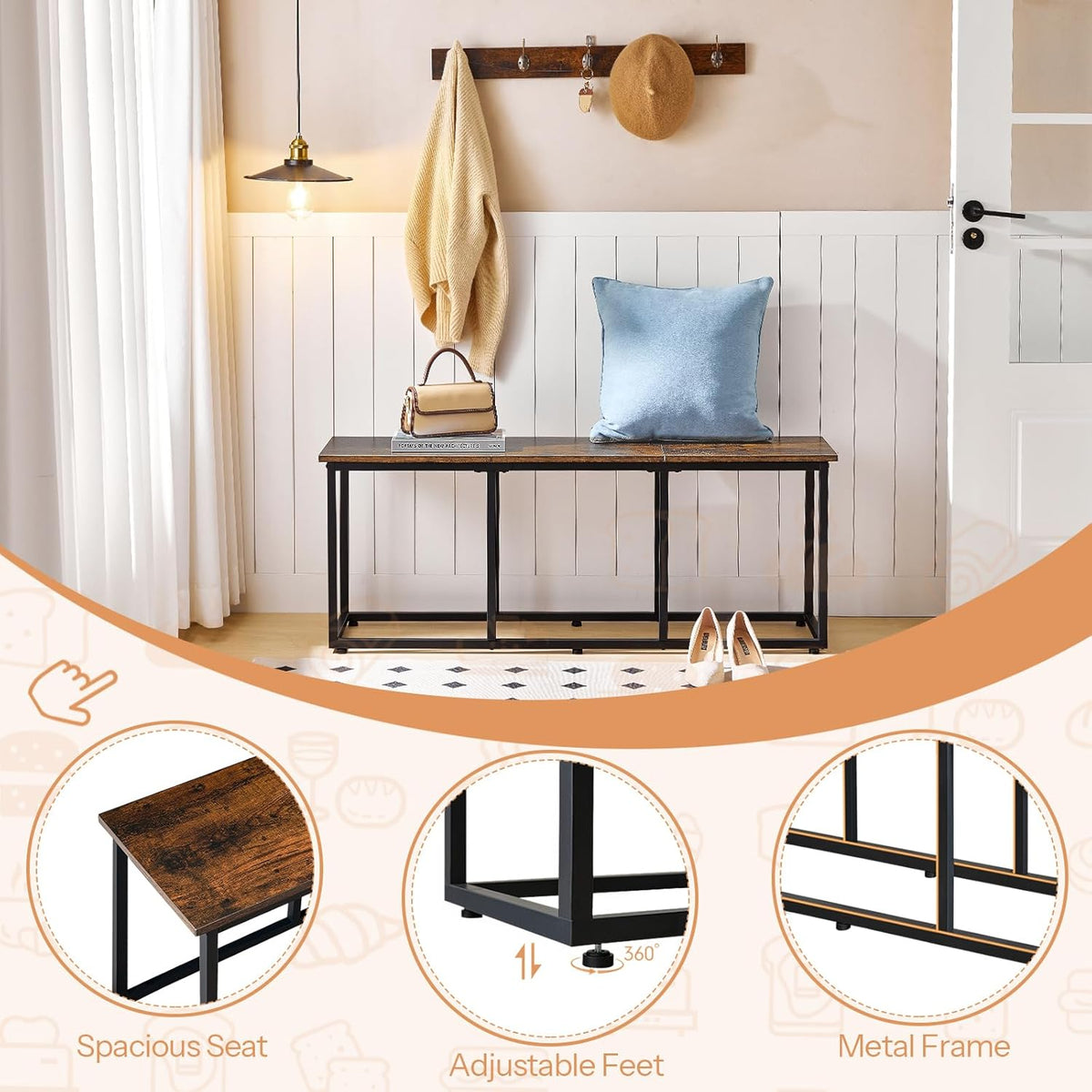 HOOBRO Dining Bench, 47.2 Inch Dining Table Bench, Industrial Style Kitchen Bench, Steel Frame, Easy to Assemble, for Kitchen, Dining Room, Rustic Brown and Black BF45CD01