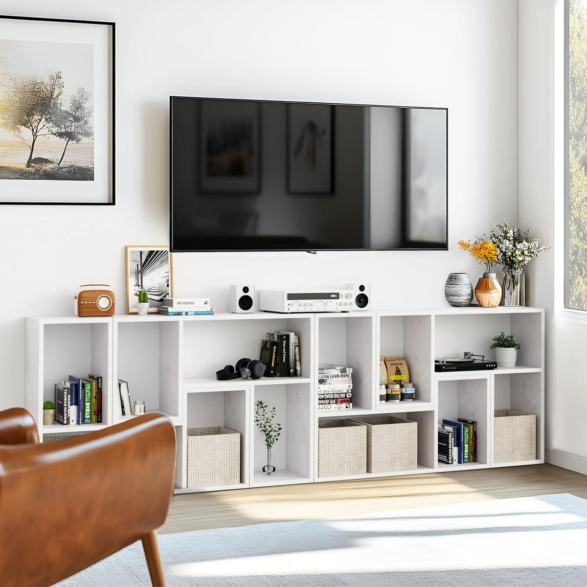 Kaboon Free-Form Modular Shelving Unit, Freestanding Bookcase 10 Inches Deep, Display Shelf Storage Organizer for Home Office, White Rock