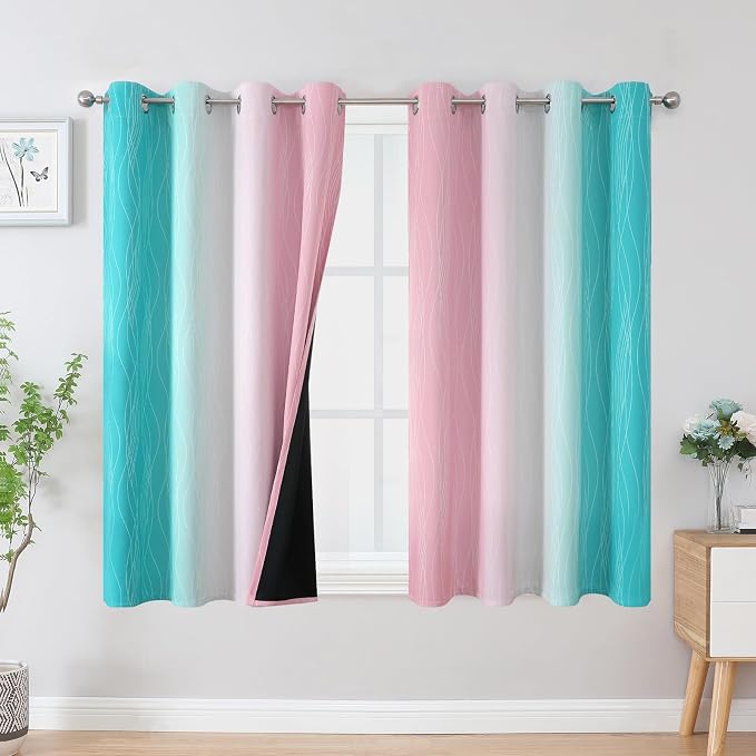 Estelar Textiler Pink and Teal Blackout Curtains 45 Inch Length, Full Light