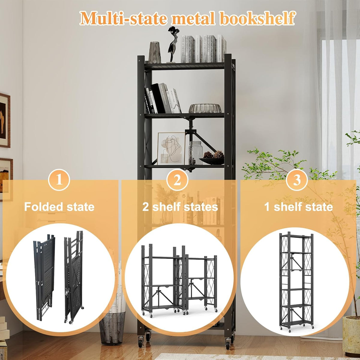 BAYOYONI 6 Tier Industrial Bookshelf - Storage Shelves with Two Usage Modes - Foldable Metal Bookshelves for Living Rooms, Offices, and Bedrooms (Black, 6 Tier)