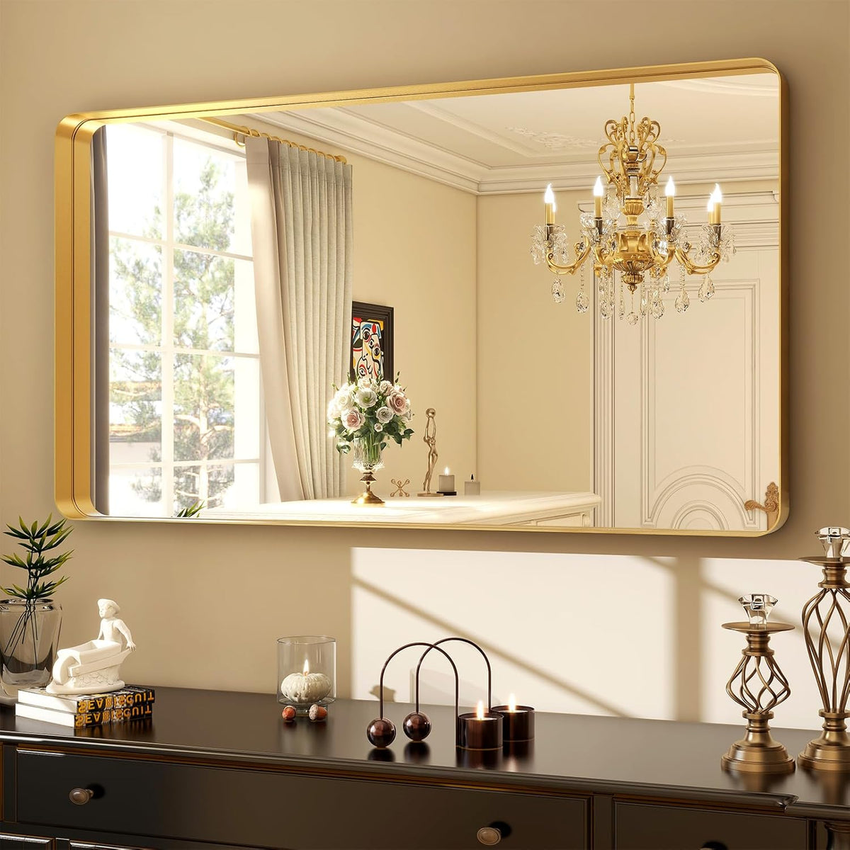 48 x 30 Inch Gold Bathroom Mirror, Rectangular Wall Mounted Shatterproof Mirror, Aluminum Alloy Frame with Rounded Corners, Horizontal or Vertical for Farmhouse Decor