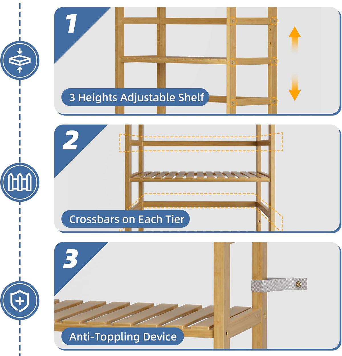 HITNET Bamboo Shelf, 6-Tier Adjustable Tall Open Bookcase, Bathroom Storage Rack Freestanding Shelving Unit, Plant Display Stand for Small Space, Natural