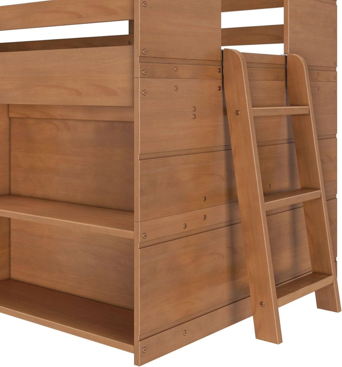 Max & Lily Modern Farmhouse Twin Low Loft Bed with Bookcase - Solid Wood, 15” Guardrails, 400-lb Capacity, Low-VOC Finish, Farmhouse Pecan