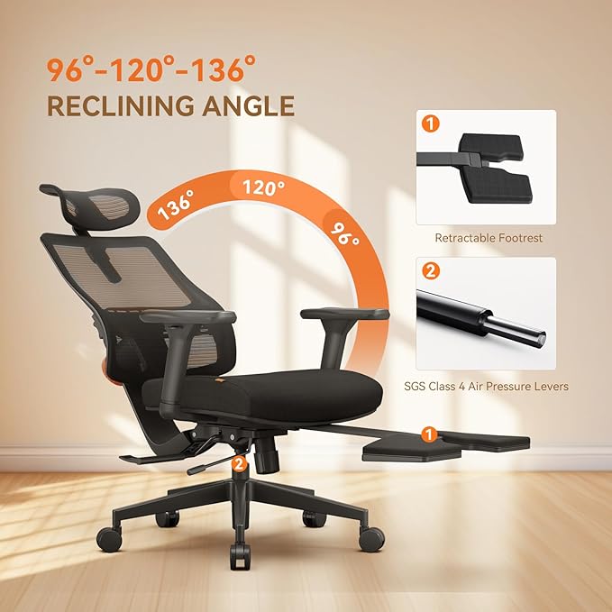 Newtral Ergonomic Office Chair with Laptop Tray - Desk Chair with 4D Armrests, Dynamic Lumbar Support, ComFootrest & 136° Recline - High Back Executive Chair for Home Office (with Laptop Desk)
