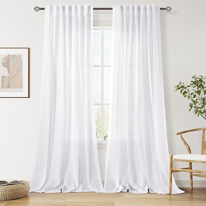 Nanspring Snow White Linen Curtains 96 Inches Long