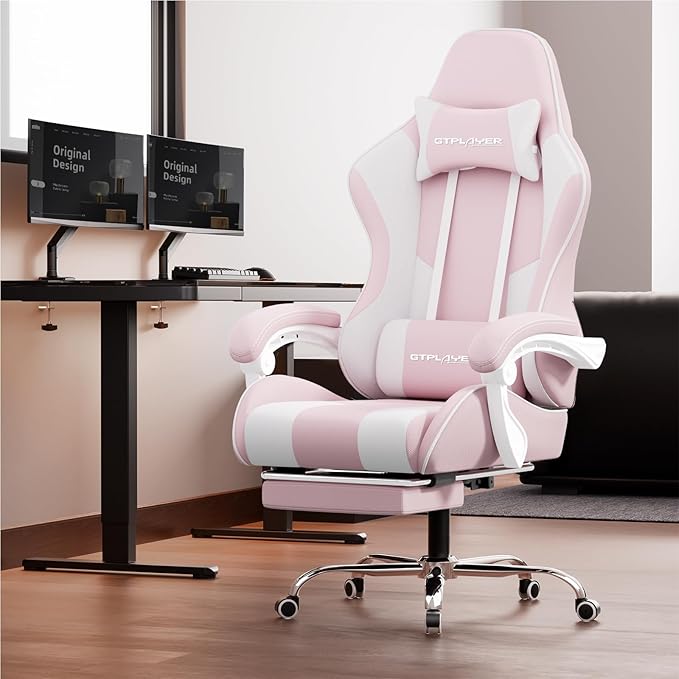 GTPLAYER Gaming Chair with Footrest, Computer Chair with and Lumbar Support, Height Adjustable Game Chair with 360°-Swivel Seat and Headrest and for Office or Gaming (Pink-Fabric)