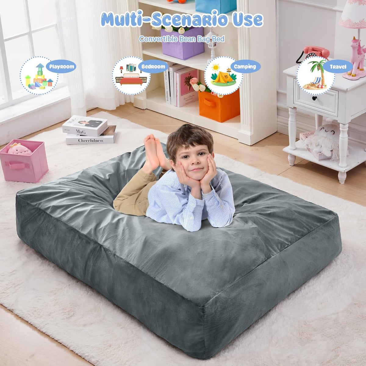 Kids Bean Bag Chair Bed - Convertible Lazy Chair to Floor Mattress with Filler - Small Beanbag Chair for Boys and Girls - Floor Couch Sofa in Bedroom, Classroom, Reading Nook - Charcoal