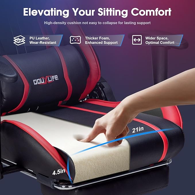 Douxlife 7-Point Massage Gaming Chair, 175° Gaming Recliner with Footrest Ergonomic Computer Office Chair High Back Video Game Chair with Lumbar Support, Upgraded Version, Red