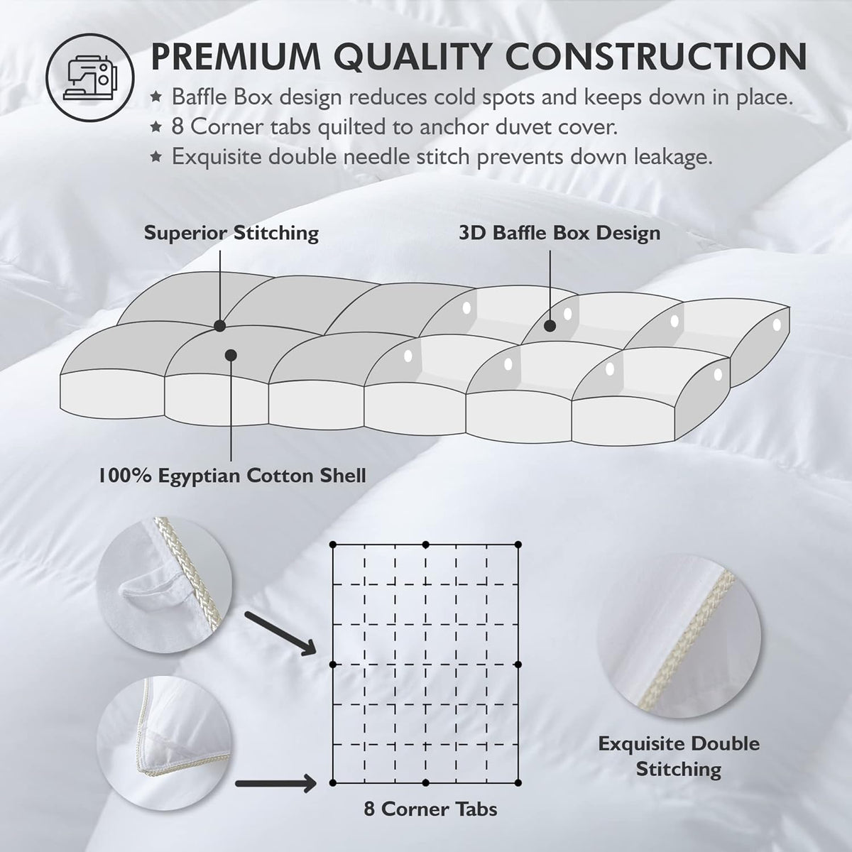 Luxurious White Solid Heavy Weight, Queen Size Goose Feathers Down Comforter for Winter Weather Duvet Insert, Premium Baffle Box, 100% Egyptian Cotton Cover, 65 oz. Fill Weight