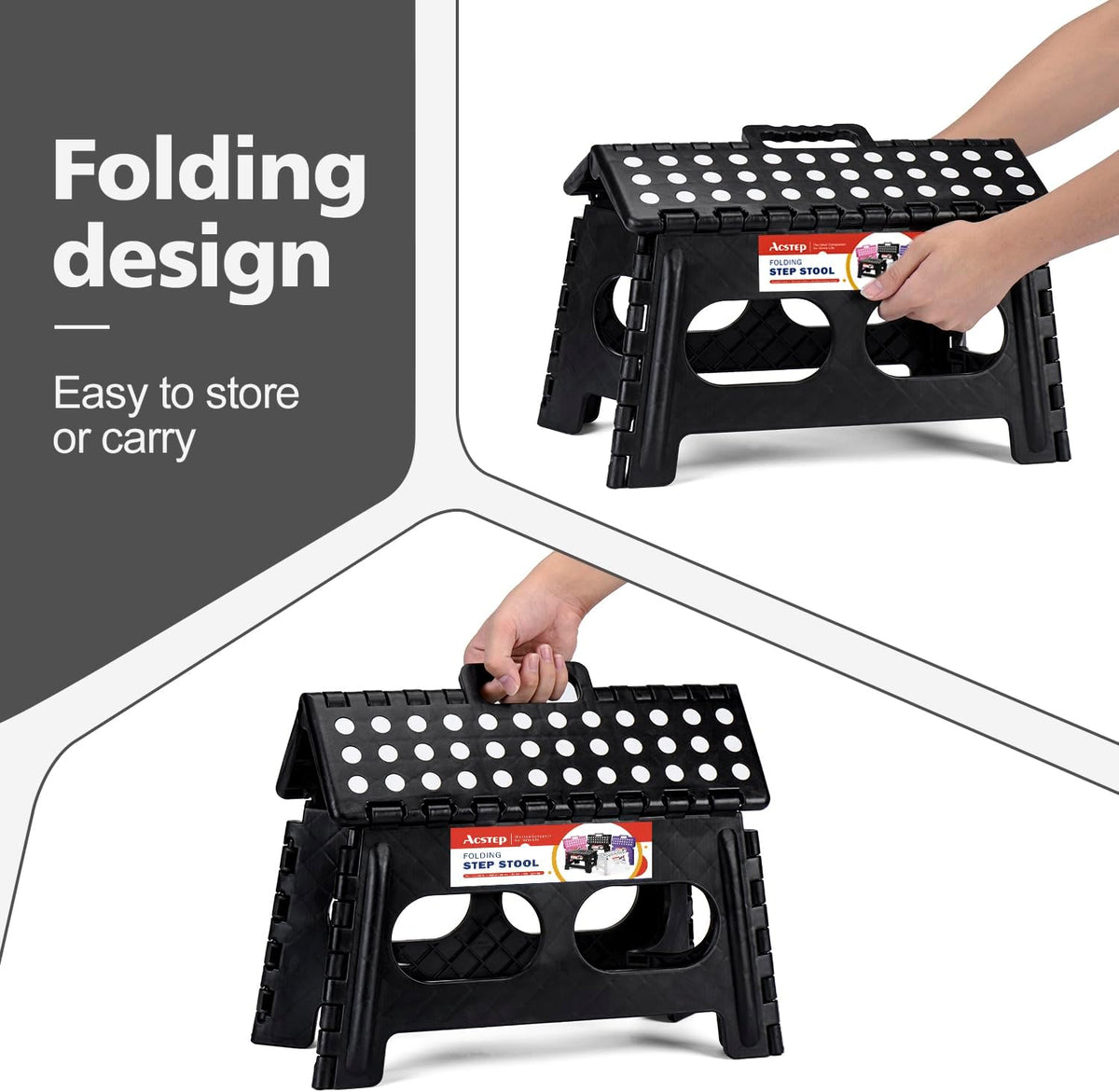 ACSTEP Foldable Step Stool for Kids and Adults,15-Inch Extra Wide 9-Inch Height Step Stool(2 Pack) More Safe and Comfortable Holds Up to 300 lbs Folding Step Stool for Bathroom, Garden, Kitchen（Black）