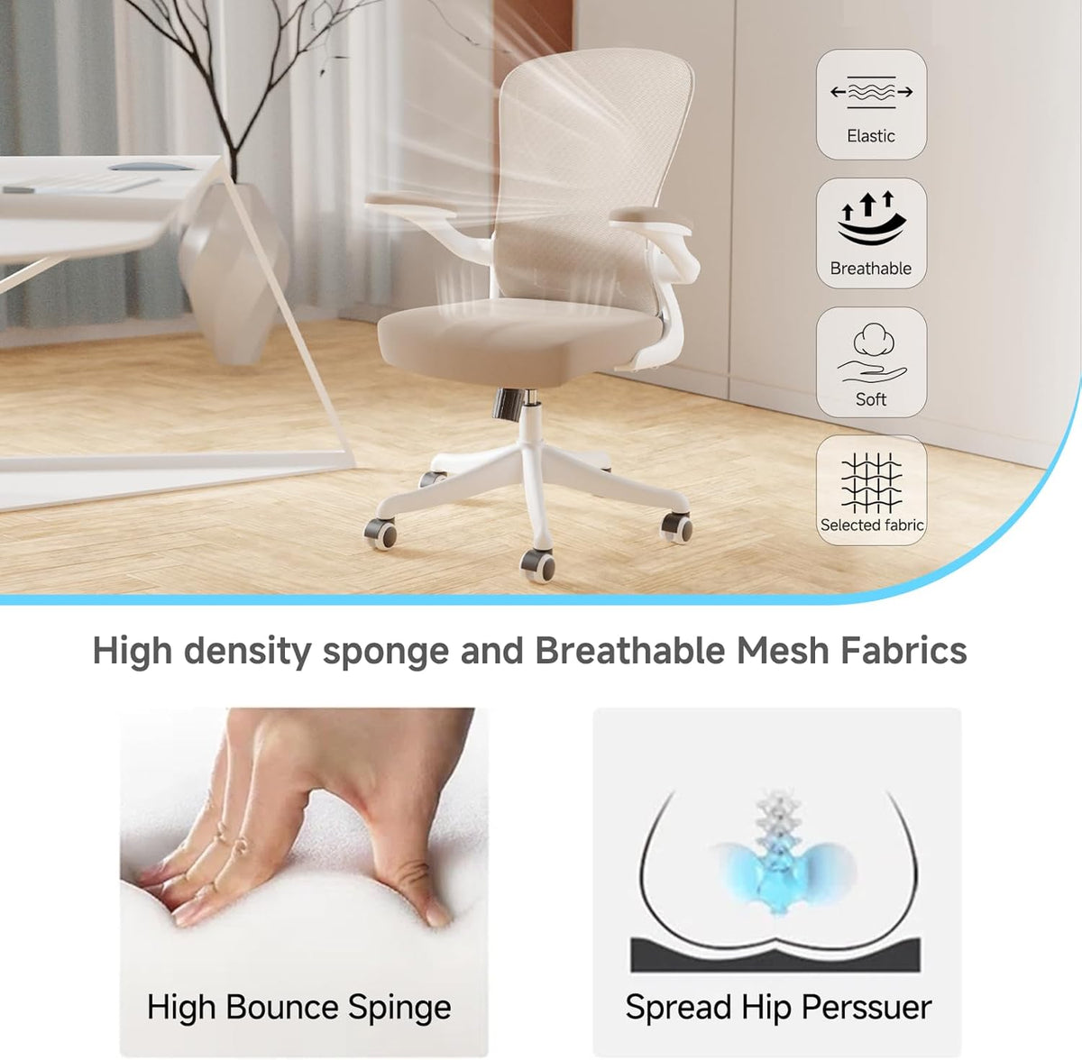 Ergonomic Office Chair with Adjustable Lumbar Support & Flip-Up Armrests - High Back Computer Desk Chair with Thickened Seat Cushion, Rolling Wheels for Home/Office Study Work