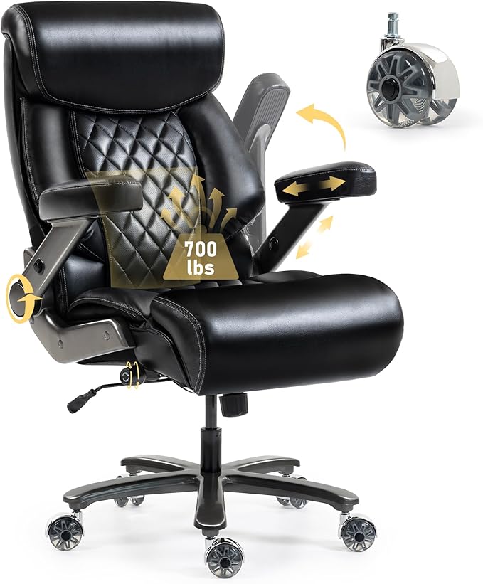 DYHOME 700LBS Heavy Duty Office Chair with 4d Armrest, Big and Tall Office Chair, Ergonomic Computer Chair with Airbag Lumbar Support, Wider Thicker Seat Cushion, PU Comfy Office Desk Chairs, Black