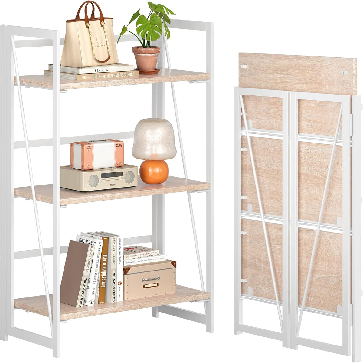 4NM No Assembly 3 Tiers Book Shelves, White Folding Bookshelf Bookcase Open Industrial Foldable Shelves for Bedroom, Living Room, Home Office - Natural White