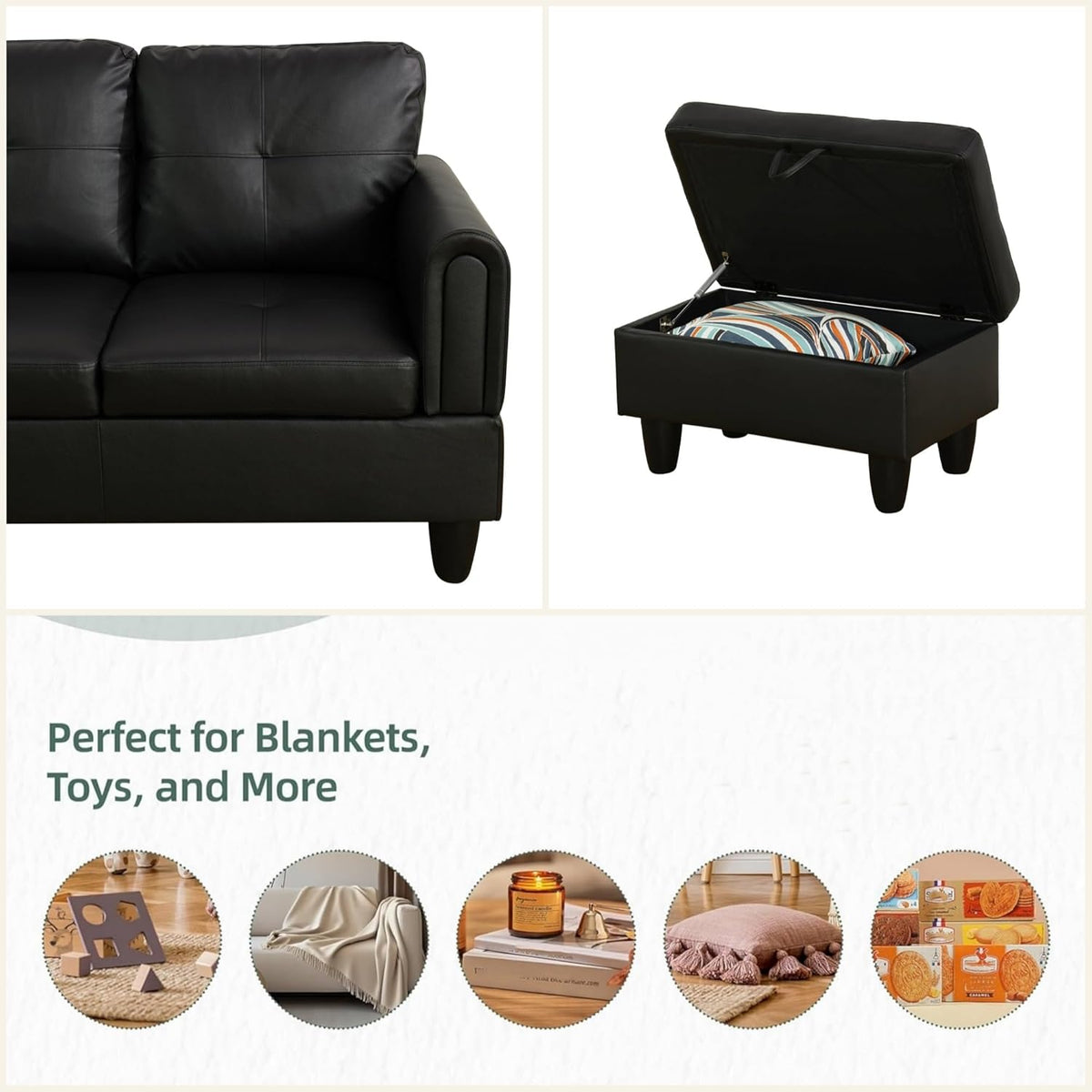 L Shaped Sectional Couches for Living Room, Modular Sectional Sofa with Ottoman Storage, Modern Comfy 4 Seat L Shaped Couch with Chaise for Bedroom Apartment Furniture, Black