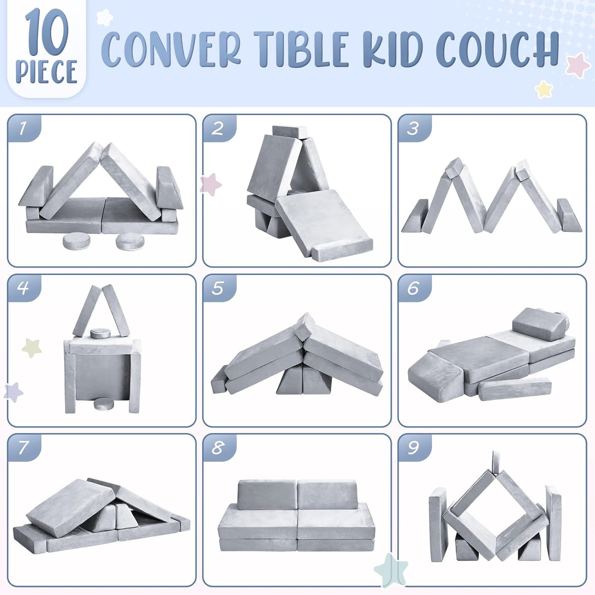 10Pcs Kids Play Couch,Toddler Sofa,Modular Kids Couch for Playing, Creativing, Sleeping (Grey)
