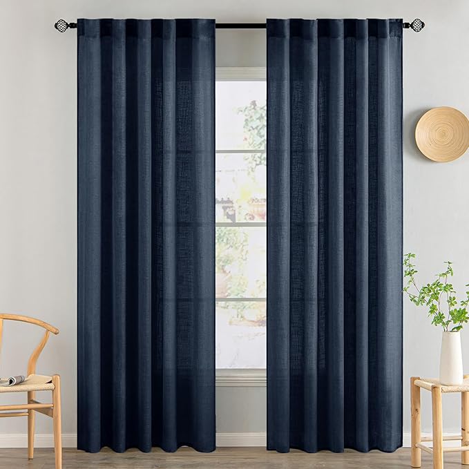 MIULEE Navy Blue Linen Curtains 84 Inch Length 2 Panels