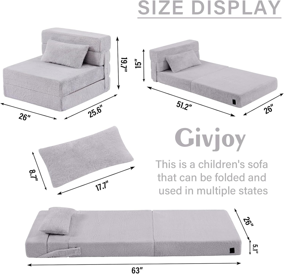 Folding Sofa Bed Floor Mattress for Kids with Pillow, Toddler Washable Folding Floor Nap Mat for Sleeping Daycare, Child Fold Up Sofa Futon Chair Bed with Storage Bag for Girls and Boys