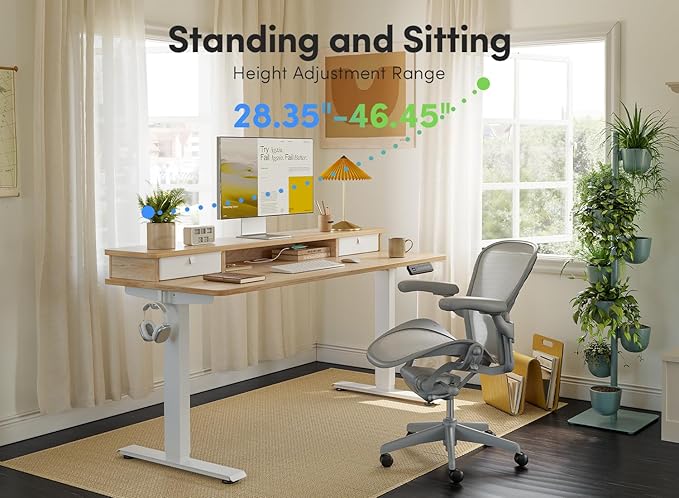 FEZIBO 63 x 28 Inch Deeper Height Adjustable Electric Standing Desk with Double Drawers, Sit Stand Up, Home Office Computer Desk with 4 Height-Adjustable Feets & 2 Hooks, White Frame/Maple Top