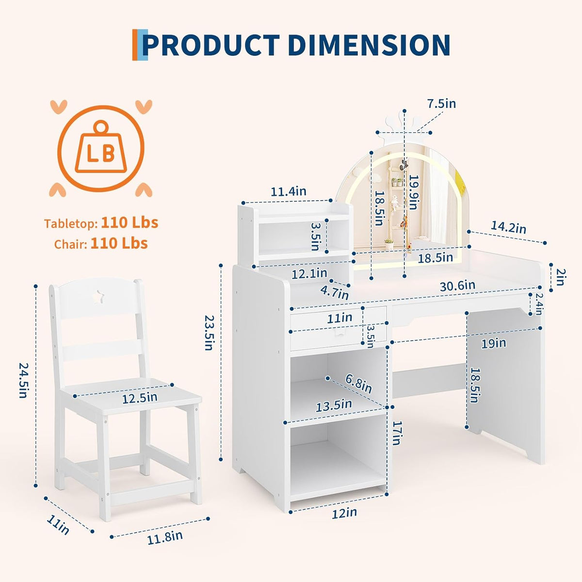 IDEALHOUSE Kids Vanity Table and Chair Set with Mirror and Lights, White Makeup Vanity Desk with Drawer and Open Storage Shelves, Wooden Dressing Table for Little Girls Bedroom