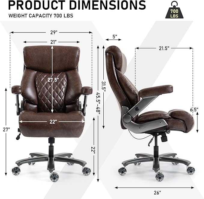 DYHOME 700LBS Heavy Duty Office Chair with 4d Armrest, Big and Tall Office Chair, Ergonomic Computer Chair with Airbag Lumbar Support, Wider Thicker Seat Cushion, PU Comfy Office Desk Chairs, Brown