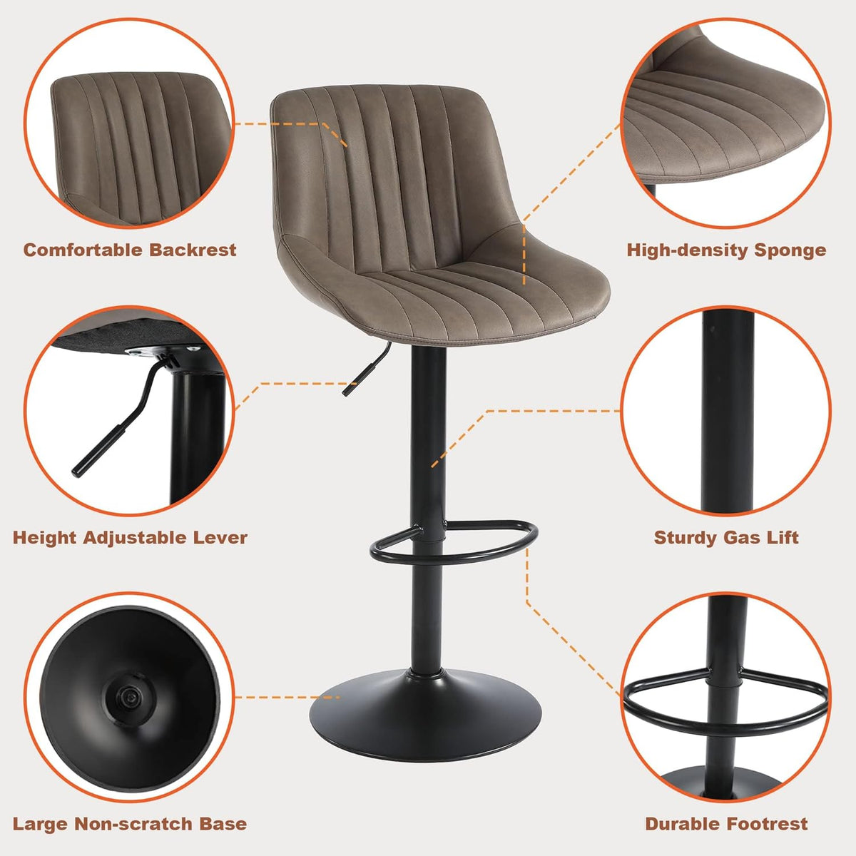 Bar Stools Set of 3, Swivel Counter Height Barstools with Back, Adjustable PU Leather Bar Chairs, Modern Armless Kitchen Island Stool, Brown