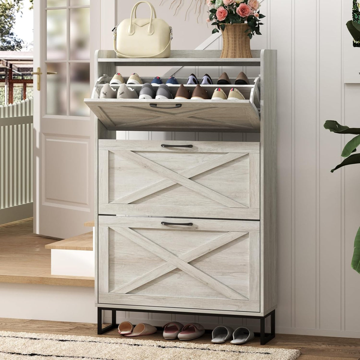 Maupvit Shoe Storage Cabinet with 3 Flip Drawers, Freestanding Organizer with Metal Legs for Entryway, Narrow Shoe Rack Cabinet, Beige