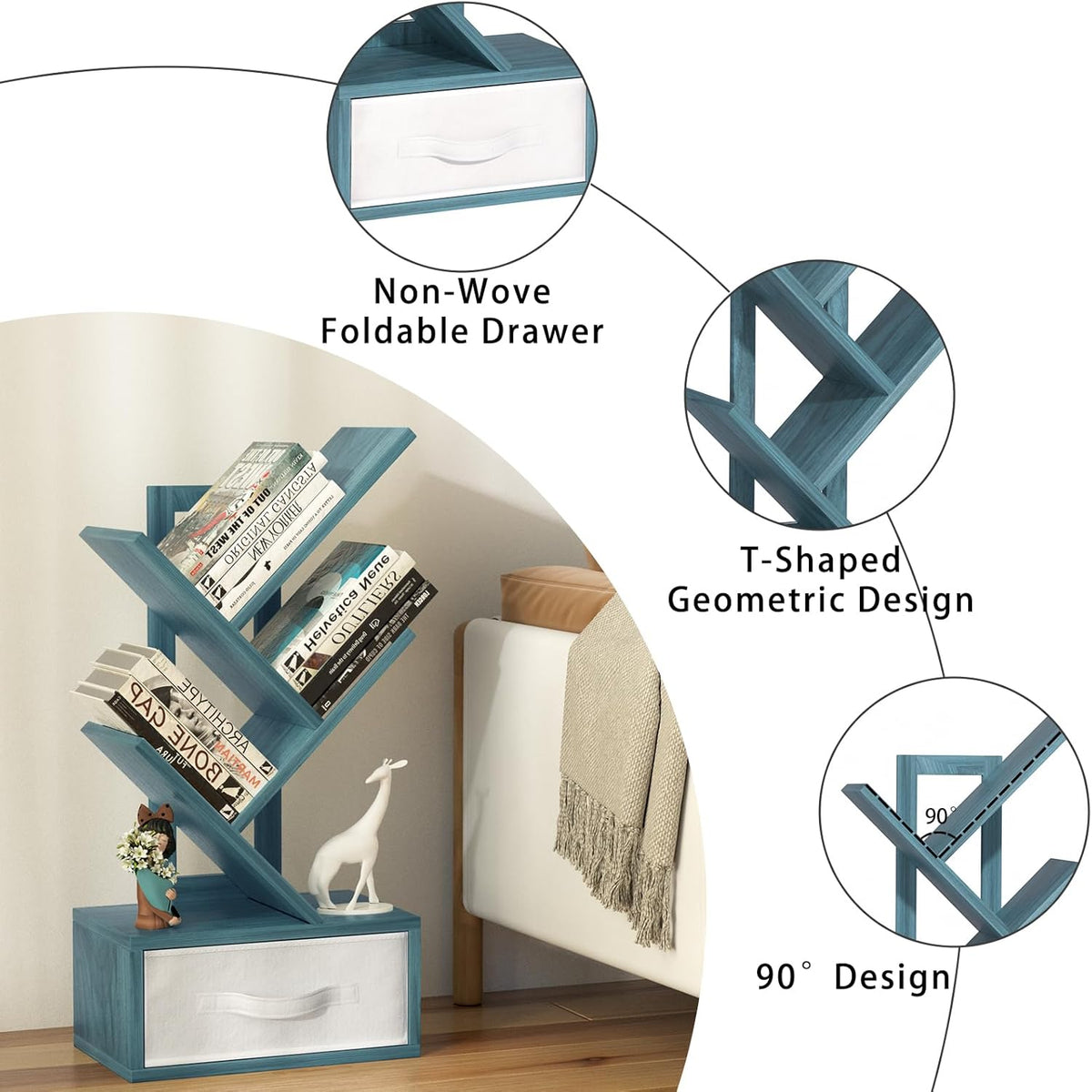 Small Book Shelf with Drawer,4 Tier Black Tree Bookshelf,Blue Desktop Bookcase,Modern Desk Display Storage Bookshelves,Floor Standing Organizer Bookcases for Living Room,Bedroom,Office