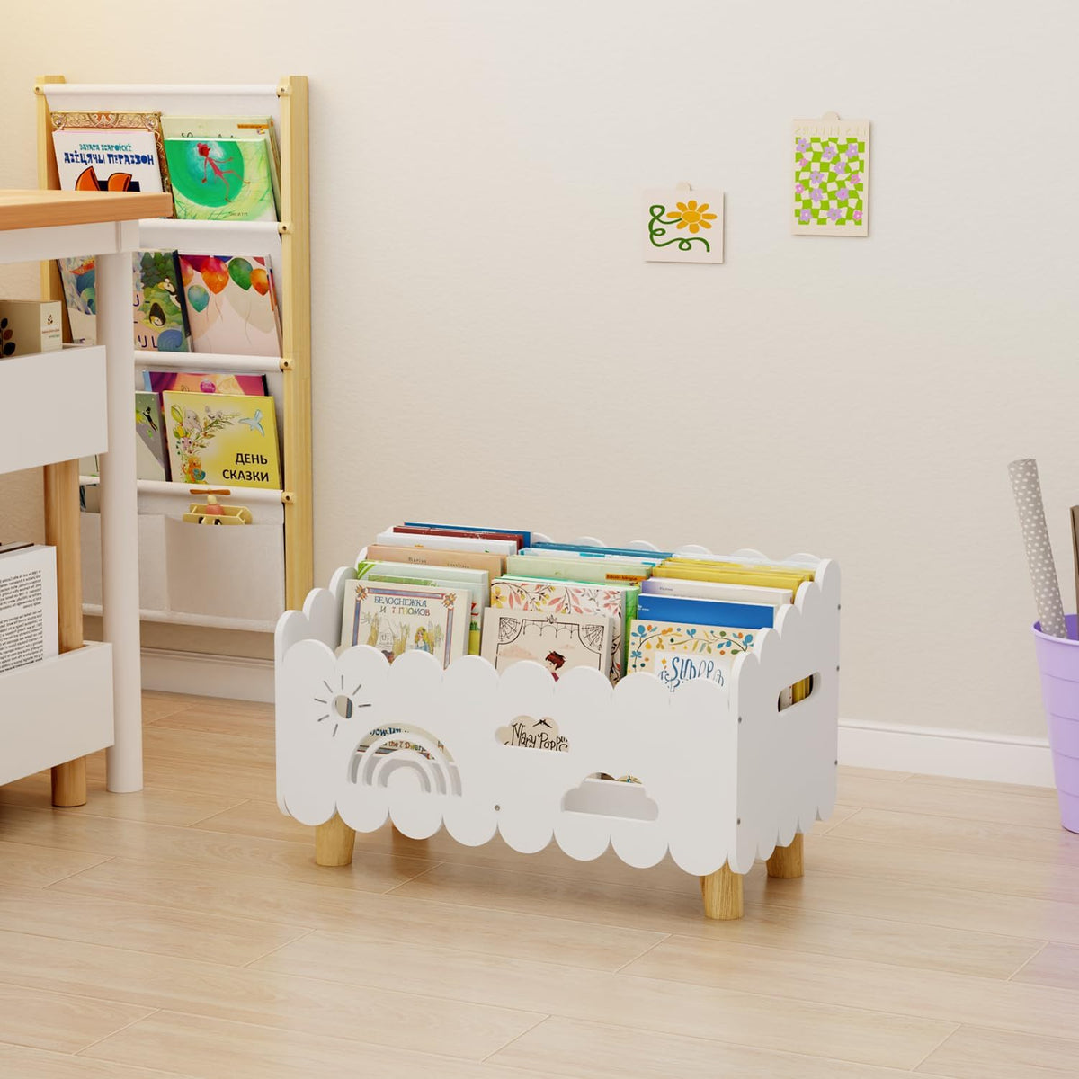 Wood Kids Bookshelf, Montessori Bookshelf, With 2 Adjustable Dividers, Suitable Kids Rooms, Nursery & Classroom, Kids Bookshelf And Toy Storage, Toddler Book Rack, Nursery Book Shelves, (White) big