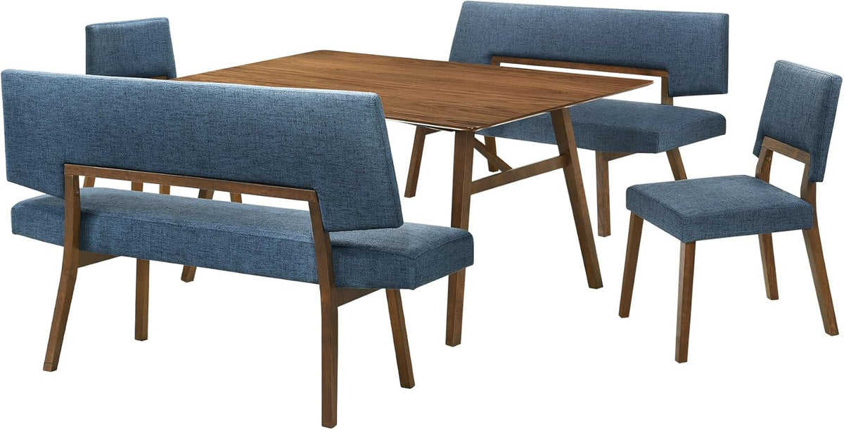 Armen Living Channell Mid Century Modern 5 Piece Walnut Wood Dining Table Set with Benches in Blue Fabric