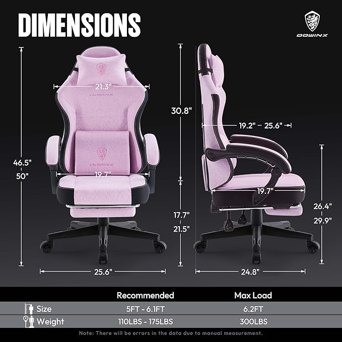 Dowinx Gaming Chair Fabric with Pocket Spring Cushion, High Back Ergonomic Computer Chair with Footrest for Adults, Massage Lumbar Support Swivel Game Chair for Office Gaming 300LBS, Pink
