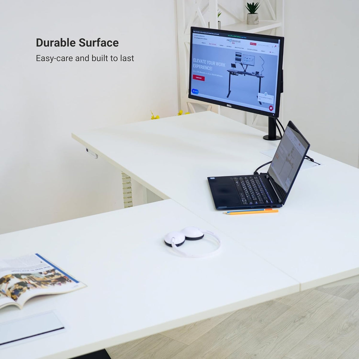Progressive Desk Stand Up Height Adjustable Electric Standing Desk - L Shaped 60" x 72" Corner Computer Rising Workstation Table - Black Frame, Ebony Oak Top