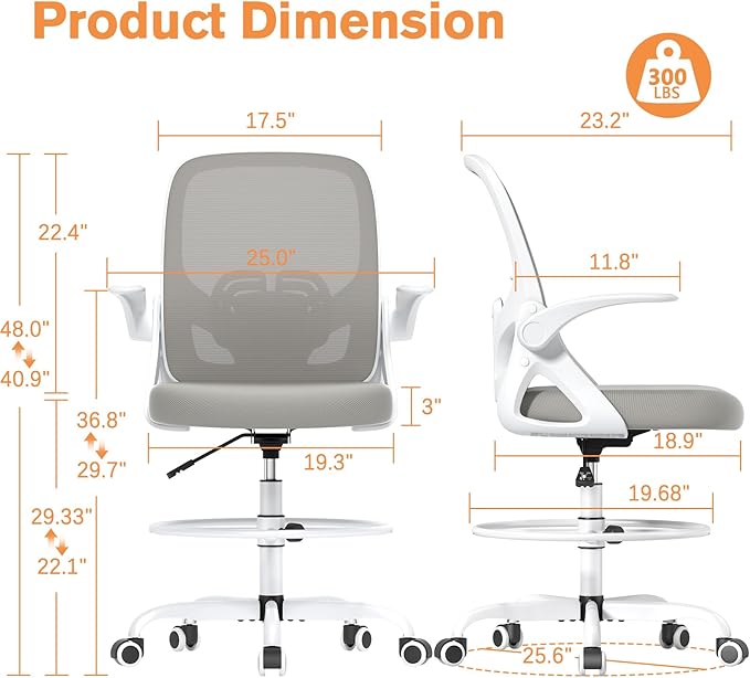Tall Drafting Chair with Lumbar Support and Footrest Ring, Supportive Tall Extended Height Ergonomic Desk Chair for Home Work, Breathable Mesh Office Chair with Flip up Arms(Gray)