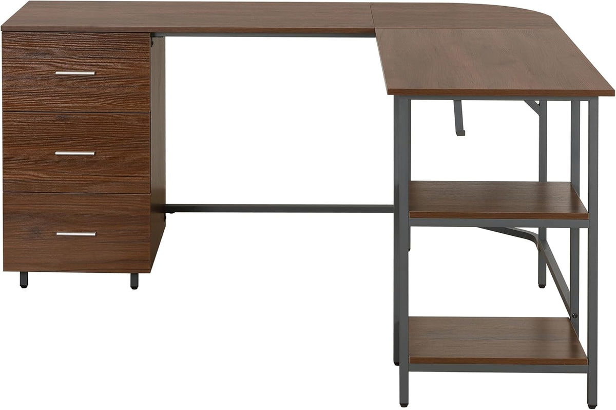 Techni Mobili L Shaped Desk - Two-Toned Computer Desk with Drawers & Storage Shelves - Simple Modern Furniture & Home Office Space Corner Table for Work & Writing