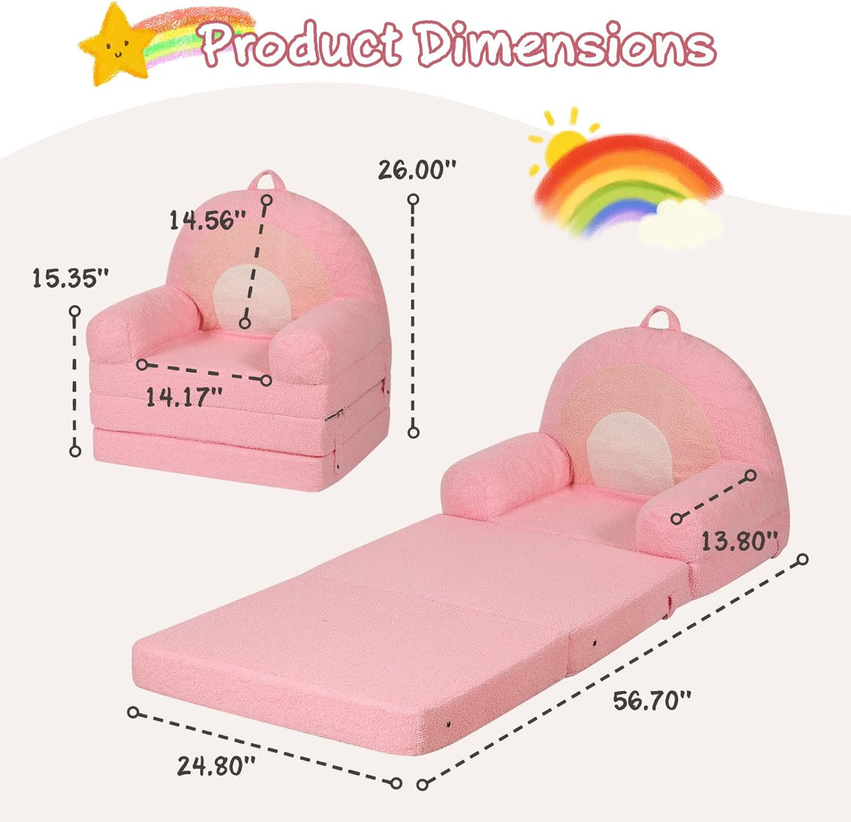 Foldable Kids Sofa, Comfy Rainbow Toddler Couch with Tri Folding Foam Cushions, Comfy Couch for Kid Age 3-6