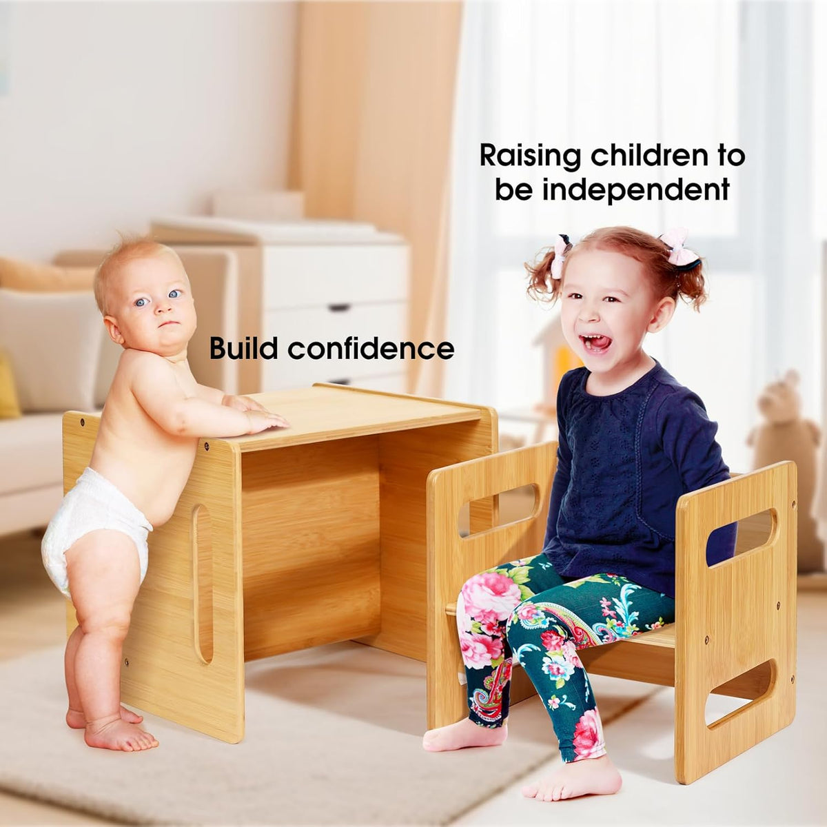 Kids Table and Chair Set, Montessori Weaning Table and Chair,Natural Bamboo Small Desk Chair,Toddler Activity Table and Chair Set for 1-3 Year Old Kids Dinner,Reading,Playing Toys, CPC Certified