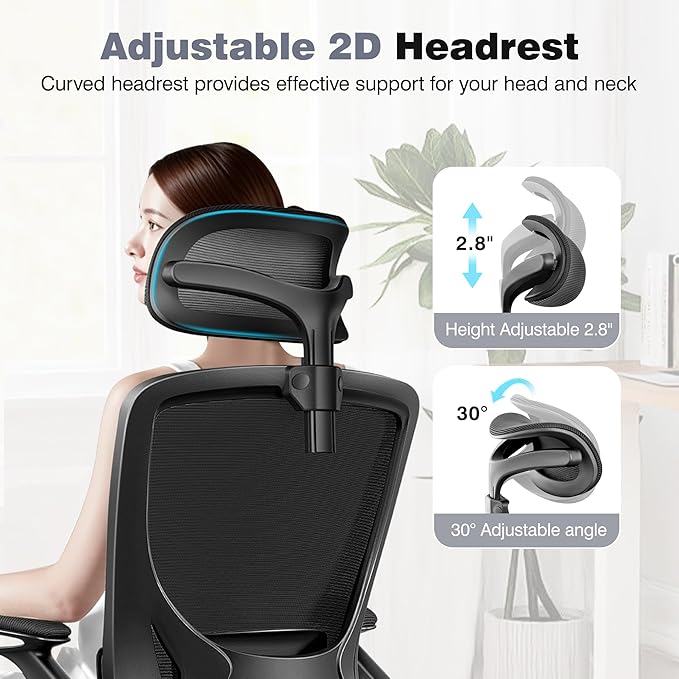 Ergonomic Office Desk Chair Comfy, High Back Mesh Office Desk Chairs with Adjustable Lumbar Support, Headrest, Flip-up Armrests, Home Computer Chair for Gaming, Work, Black