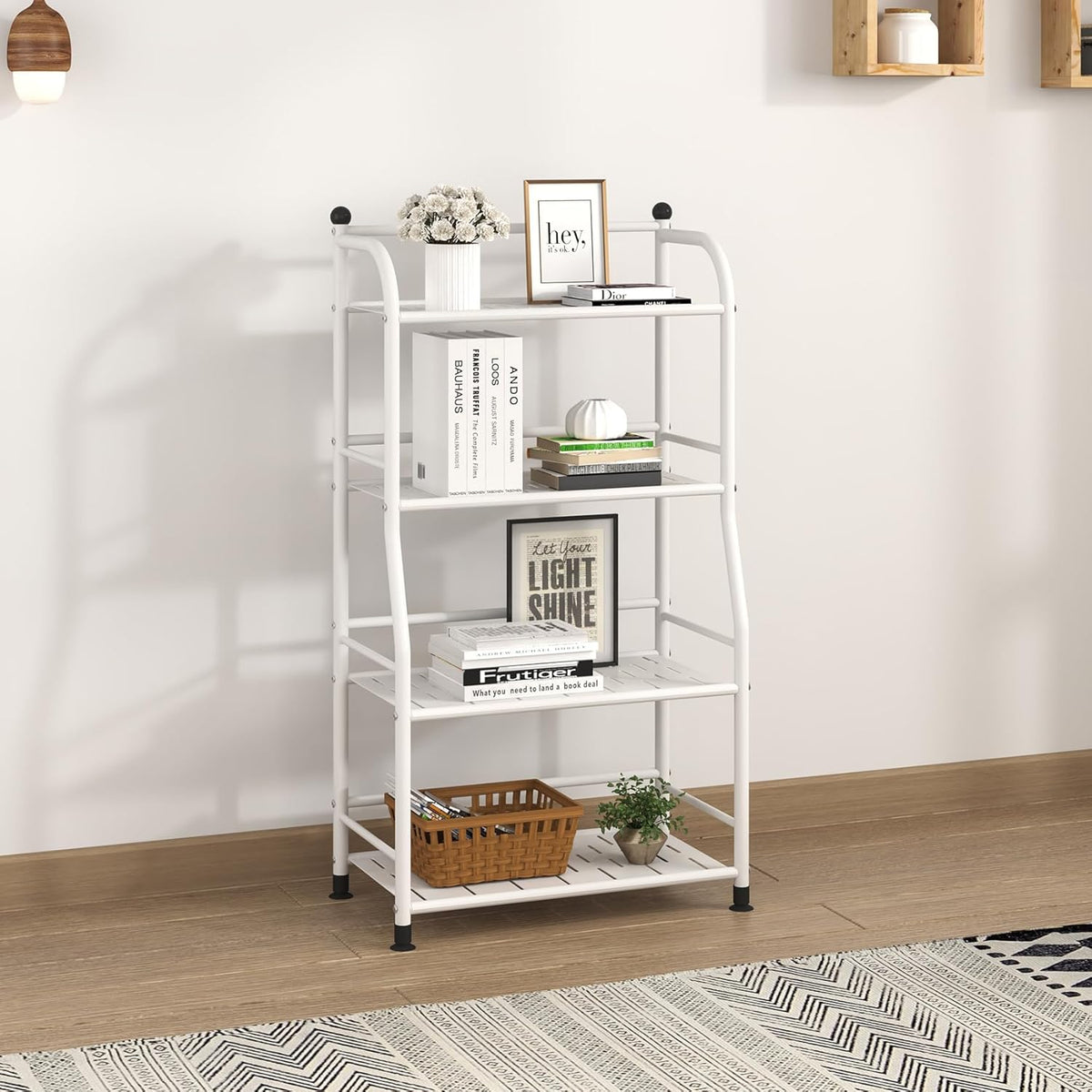 4 Tier Metal Shelf Storage Shelves Living Room Bookshelf Bathroom Corner Storage Rack for Kitchen,Indoor Plant Stand (Matte White, 4 Tier)
